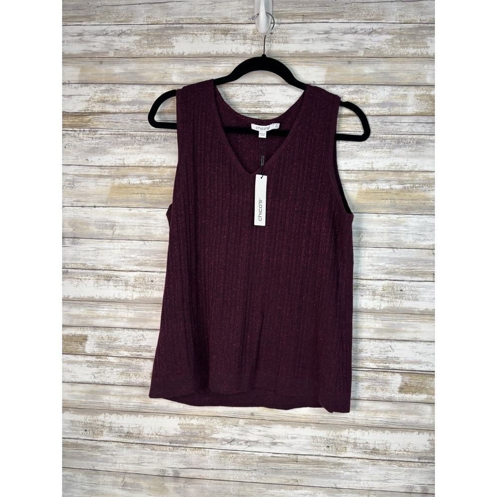 Chicos Sweater Tank Top Women's‎ Sz 2 Large V- Neck Lurex Deep Raisin  NWT